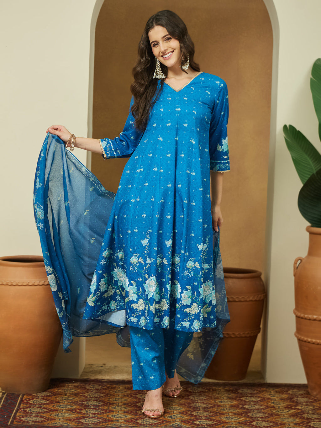 Janasya Women's Blue Cotton Blend Floral Printed Anarkali Kurta Set