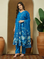 Janasya Women's Blue Cotton Blend Floral Printed Anarkali Kurta Set