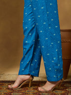 Janasya Women's Blue Cotton Blend Floral Printed Anarkali Kurta Set