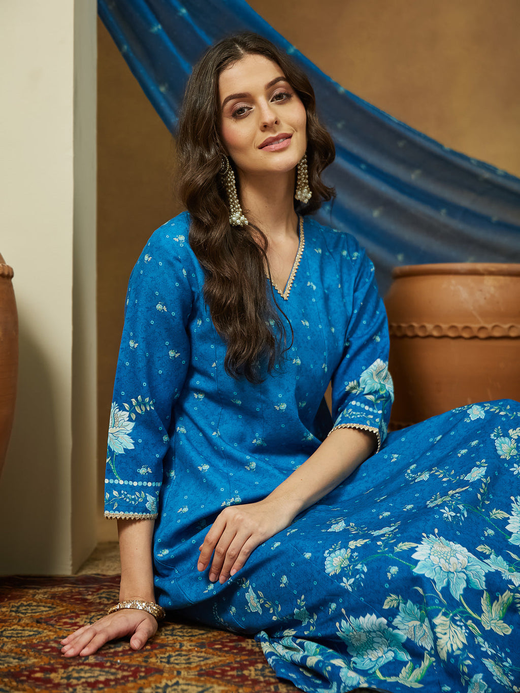 Janasya Women's Blue Cotton Blend Floral Printed Anarkali Kurta Set