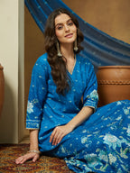 Janasya Women's Blue Cotton Blend Floral Printed Anarkali Kurta Set