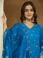 Janasya Women's Blue Cotton Blend Floral Printed Anarkali Kurta Set