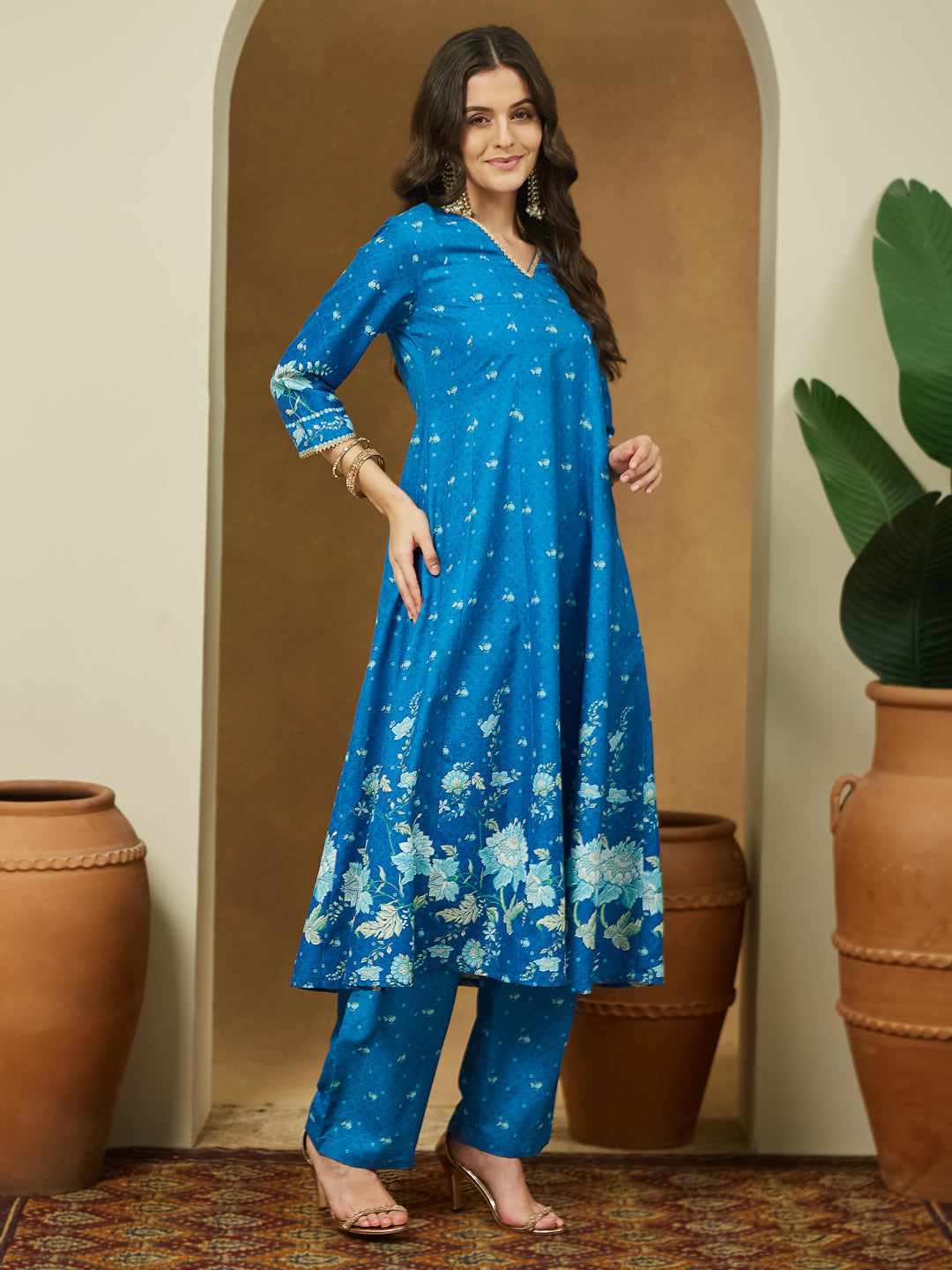 Janasya Women's Blue Cotton Blend Floral Printed Anarkali Kurta Set