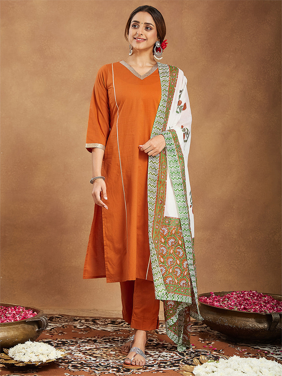 Janasya Women's Orange Pure Cotton Solid Straight Kurta Set - qivii