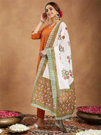 Janasya Women's Orange Pure Cotton Solid Straight Kurta Set