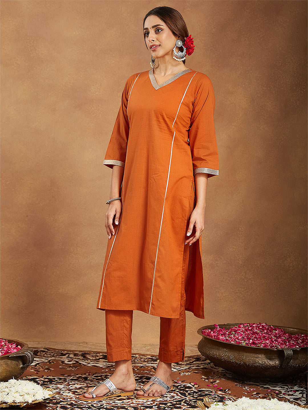 Janasya Women's Orange Pure Cotton Solid Straight Kurta Set