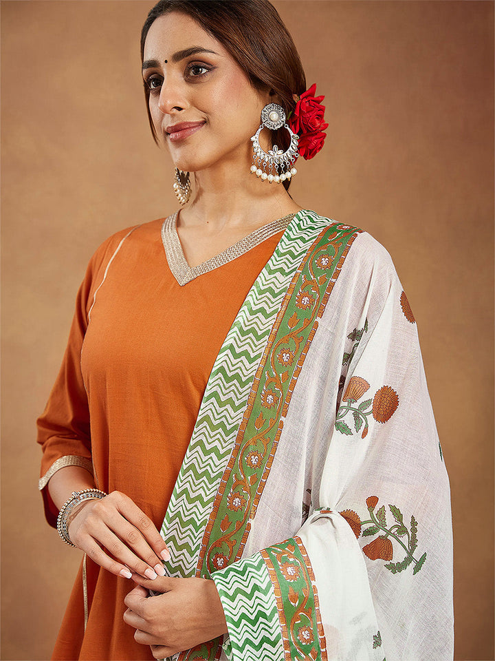 Janasya Women's Orange Pure Cotton Solid Straight Kurta Set - qivii