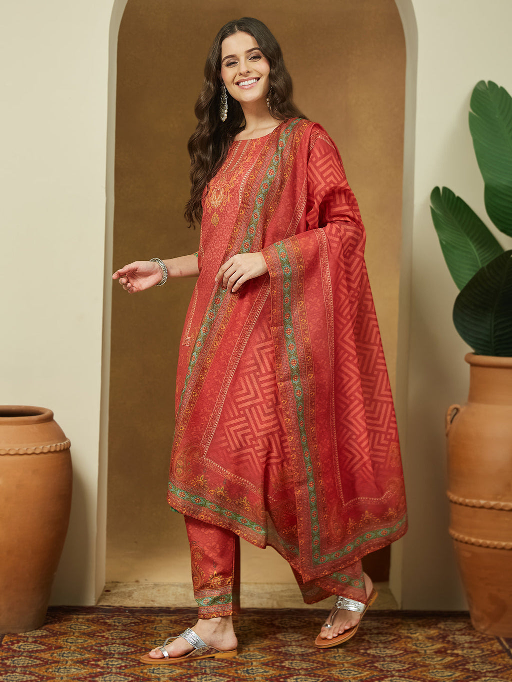 Janasya Women's Rust Cotton Blend Ethnic Motifs Printed Straight Kurta Set