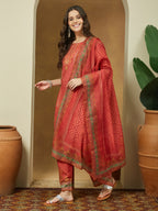 Janasya Women's Rust Cotton Blend Ethnic Motifs Printed Straight Kurta Set