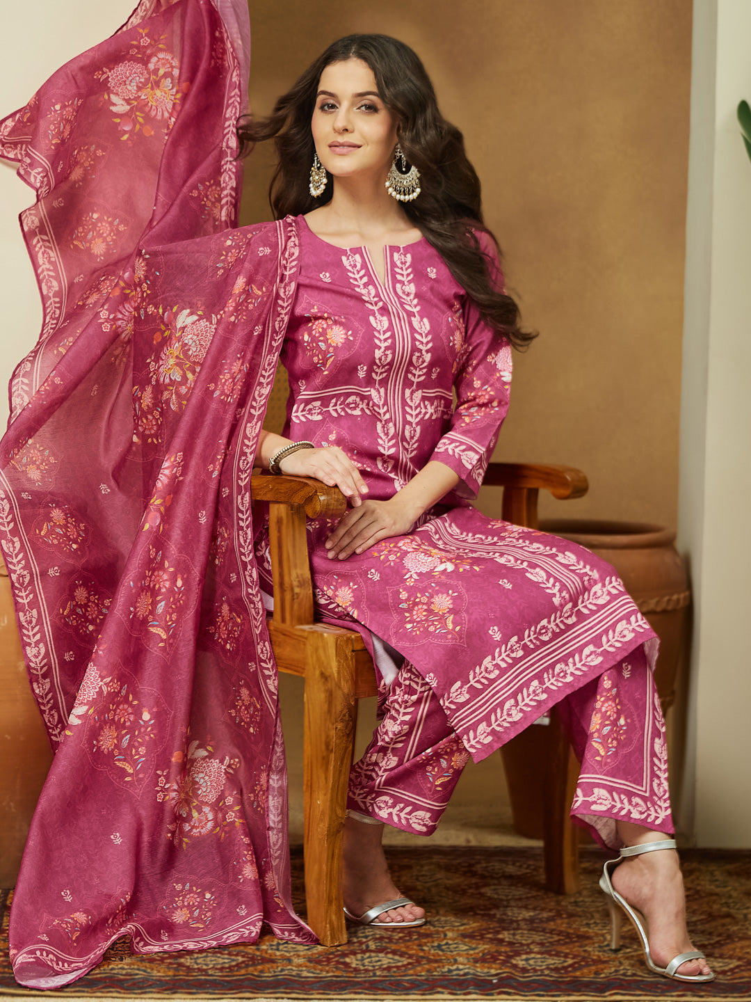 Janasya Women's Pink Cotton Blend Floral Printed Straight Kurta Set - qivii