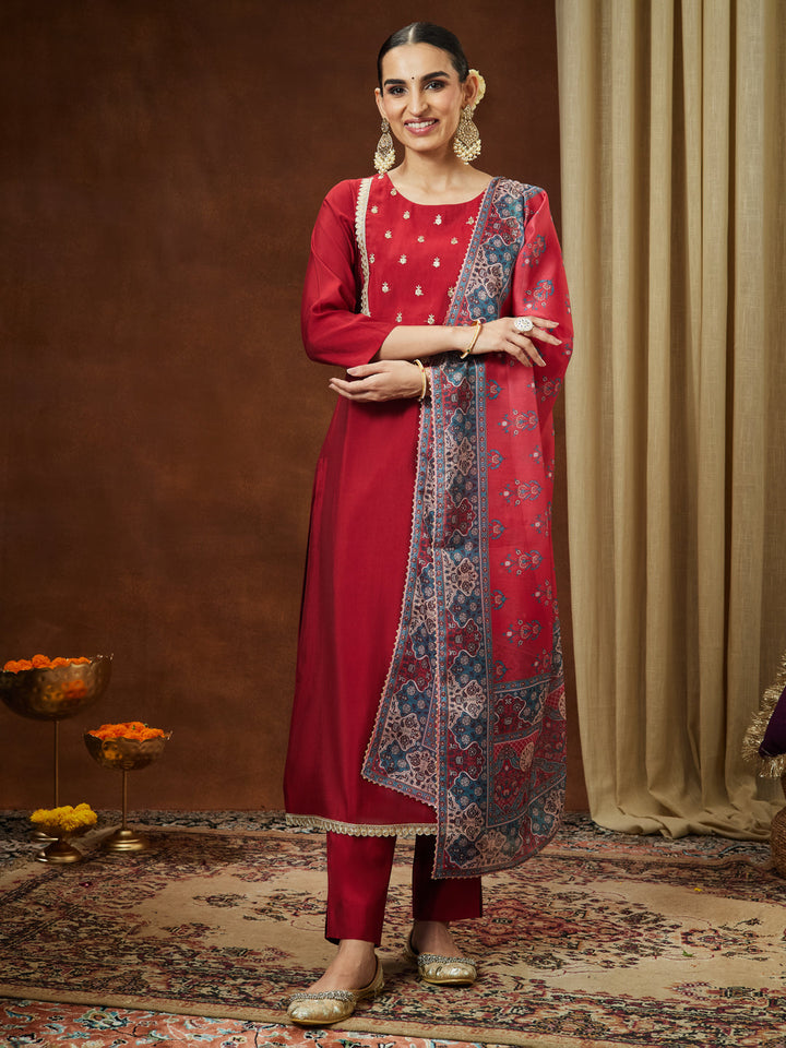 Janasya Women's Maroon Chanderi Silk Yoke Embroidered Straight Kurta Set