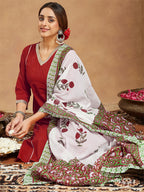 Janasya Women's Red Pure Cotton Embellished Straight Kurta Set