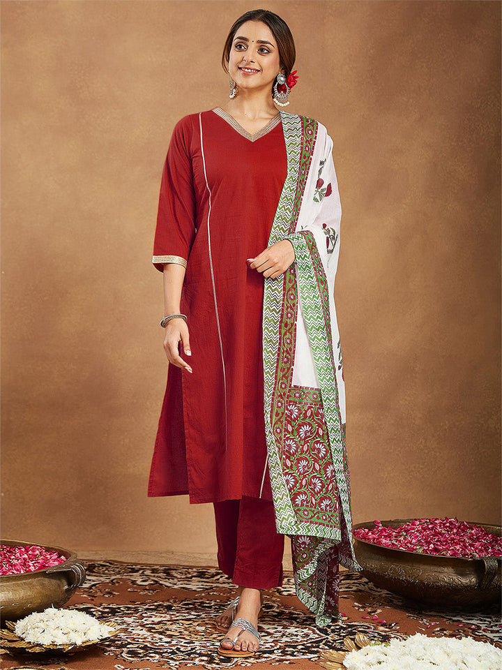 Janasya Women's Red Pure Cotton Embellished Straight Kurta Set - qivii