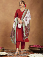 Janasya Women's Red Pure Cotton Embellished Straight Kurta Set