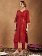 Janasya Women's Red Pure Cotton Embellished Straight Kurta Set