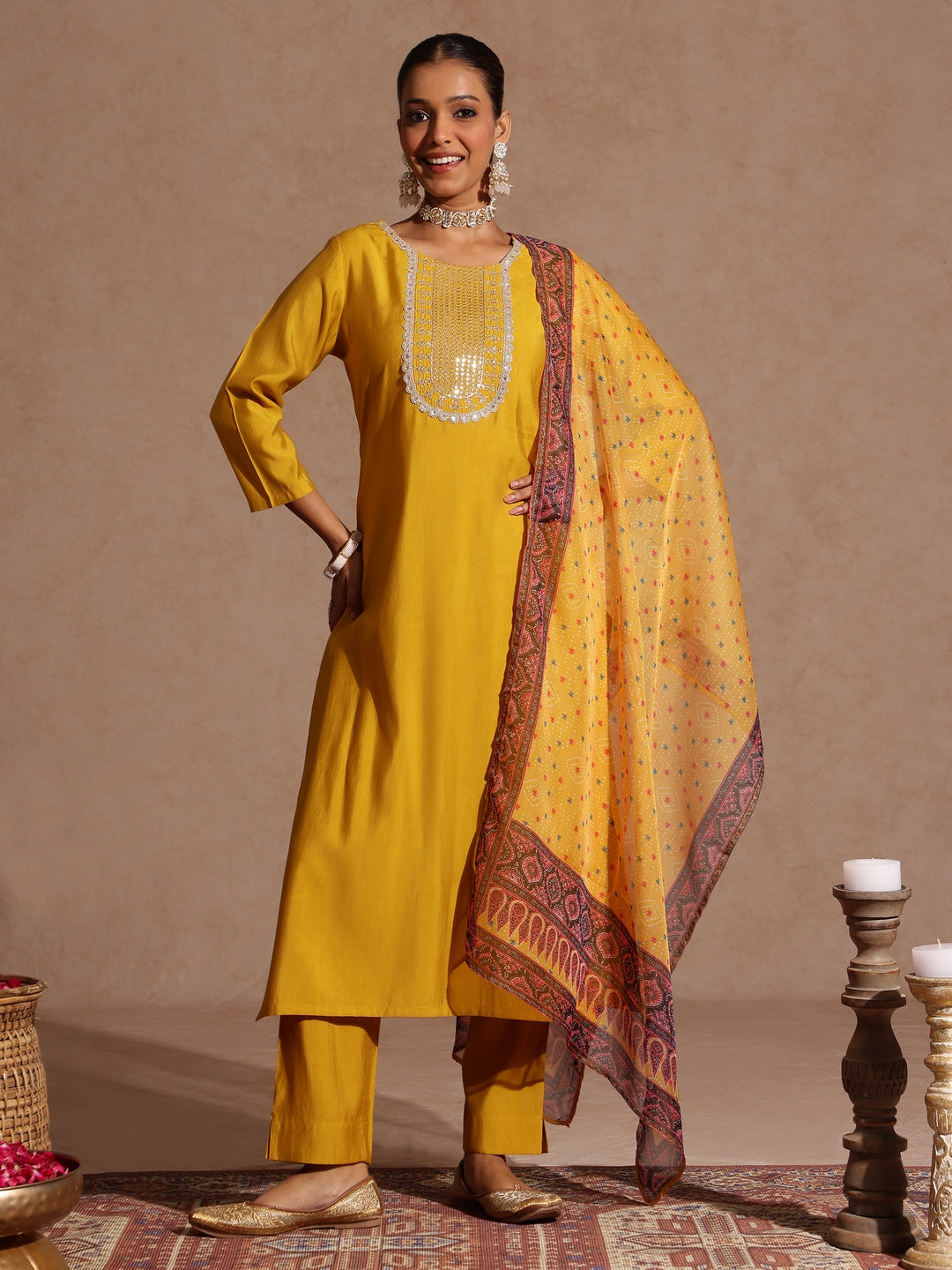 Janasya Women's Yellow Chanderi Silk Yoke Embroidered Straight Kurta Set