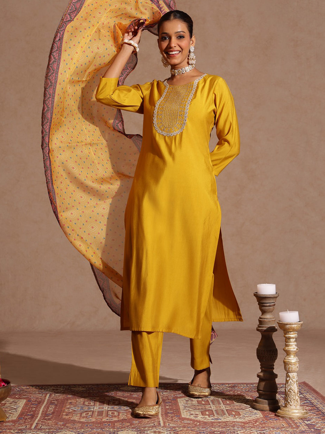 Janasya Women's Yellow Chanderi Silk Yoke Embroidered Straight Kurta Set