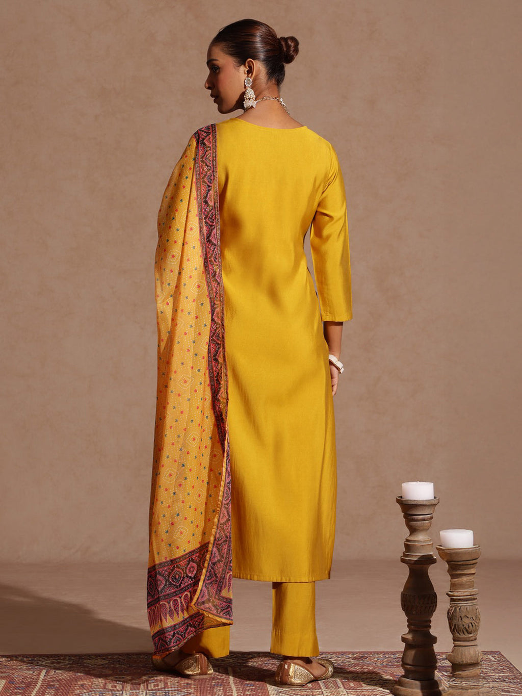 Janasya Women's Yellow Chanderi Silk Yoke Embroidered Straight Kurta Set
