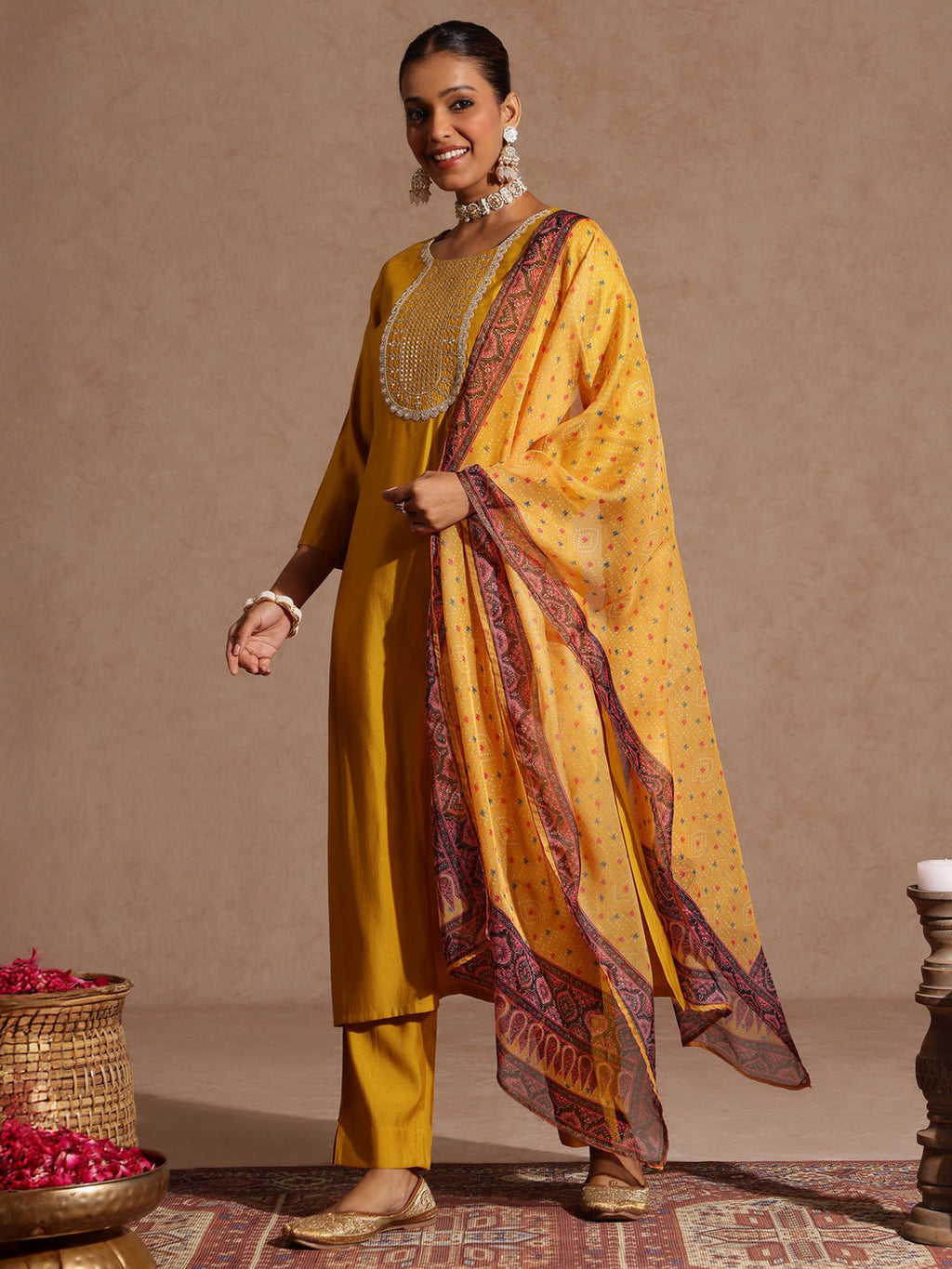 Janasya Women's Yellow Chanderi Silk Yoke Embroidered Straight Kurta Set