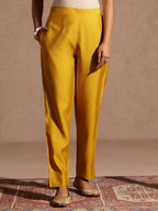 Janasya Women's Yellow Chanderi Silk Yoke Embroidered Straight Kurta Set