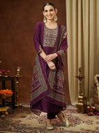 Janasya Women's Wine Chanderi Silk Yoke Embroidered Straight Kurta Set