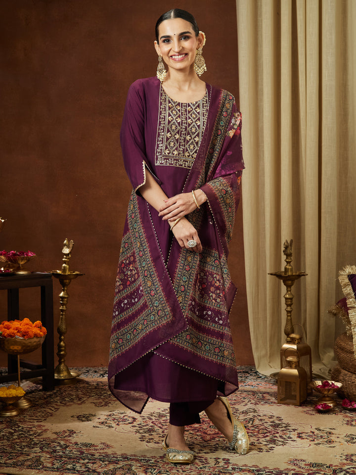 Janasya Women's Wine Chanderi Silk Yoke Embroidered Straight Kurta Set - qivii