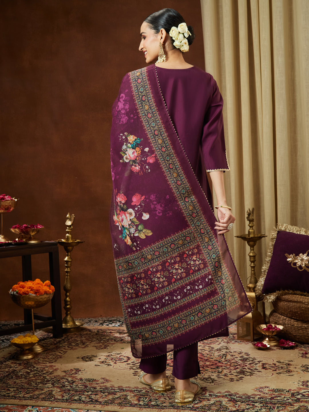 Janasya Women's Wine Chanderi Silk Yoke Embroidered Straight Kurta Set - qivii