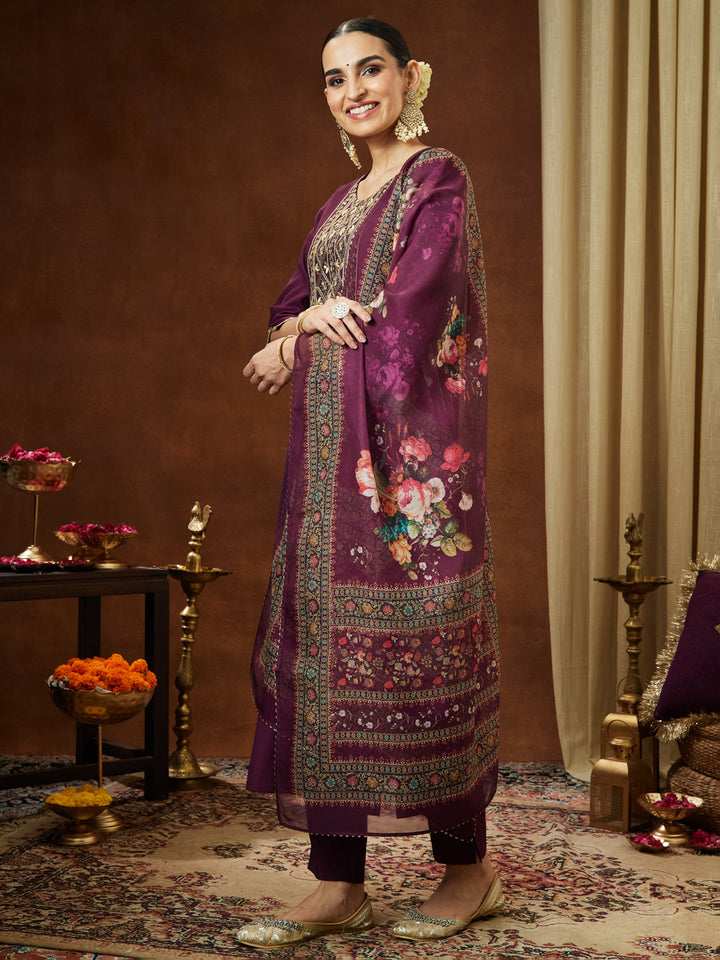 Janasya Women's Wine Chanderi Silk Yoke Embroidered Straight Kurta Set - qivii