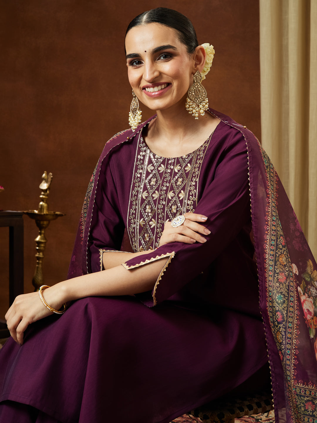 Janasya Women's Wine Chanderi Silk Yoke Embroidered Straight Kurta Set - qivii