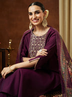 Janasya Women's Wine Chanderi Silk Yoke Embroidered Straight Kurta Set