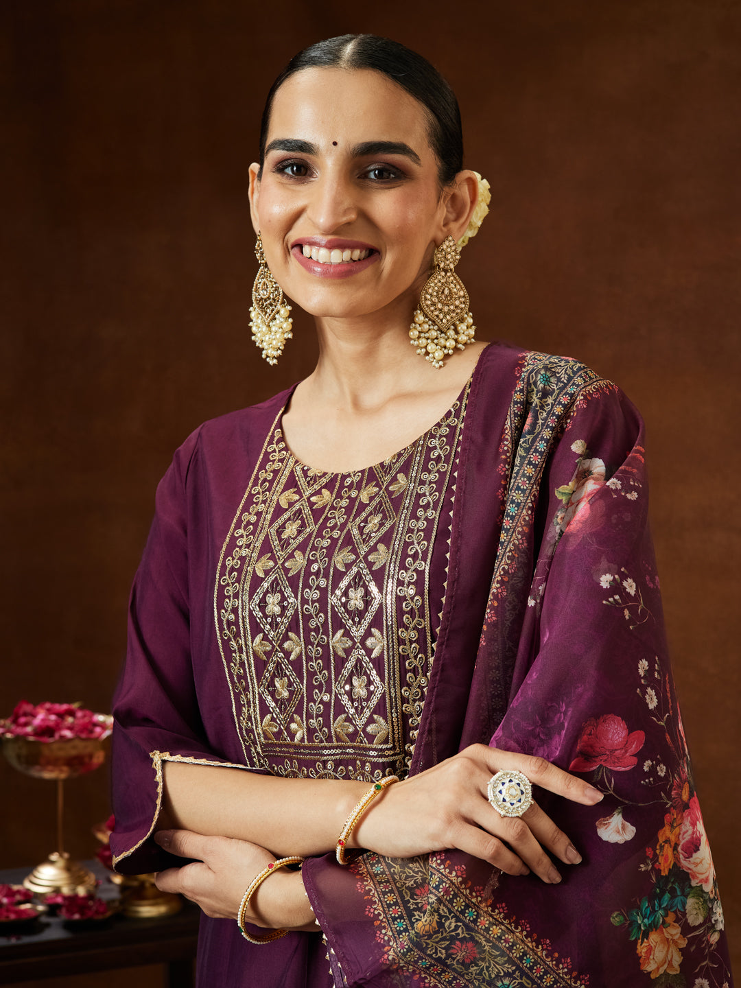 Janasya Women's Wine Chanderi Silk Yoke Embroidered Straight Kurta Set - qivii