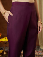 Janasya Women's Wine Chanderi Silk Yoke Embroidered Straight Kurta Set