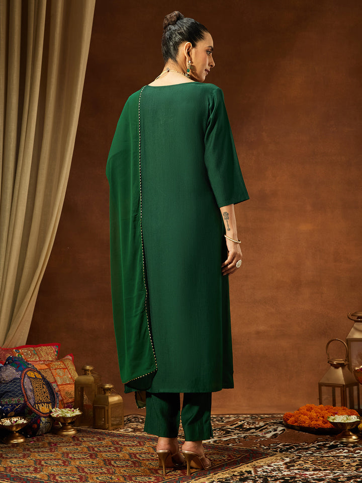 Janasya Women's Bottle Green Silk Blend Yoke Embroidered Straight Kurta Set