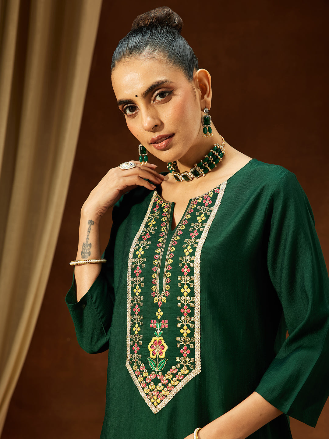 Janasya Women's Bottle Green Silk Blend Yoke Embroidered Straight Kurta Set