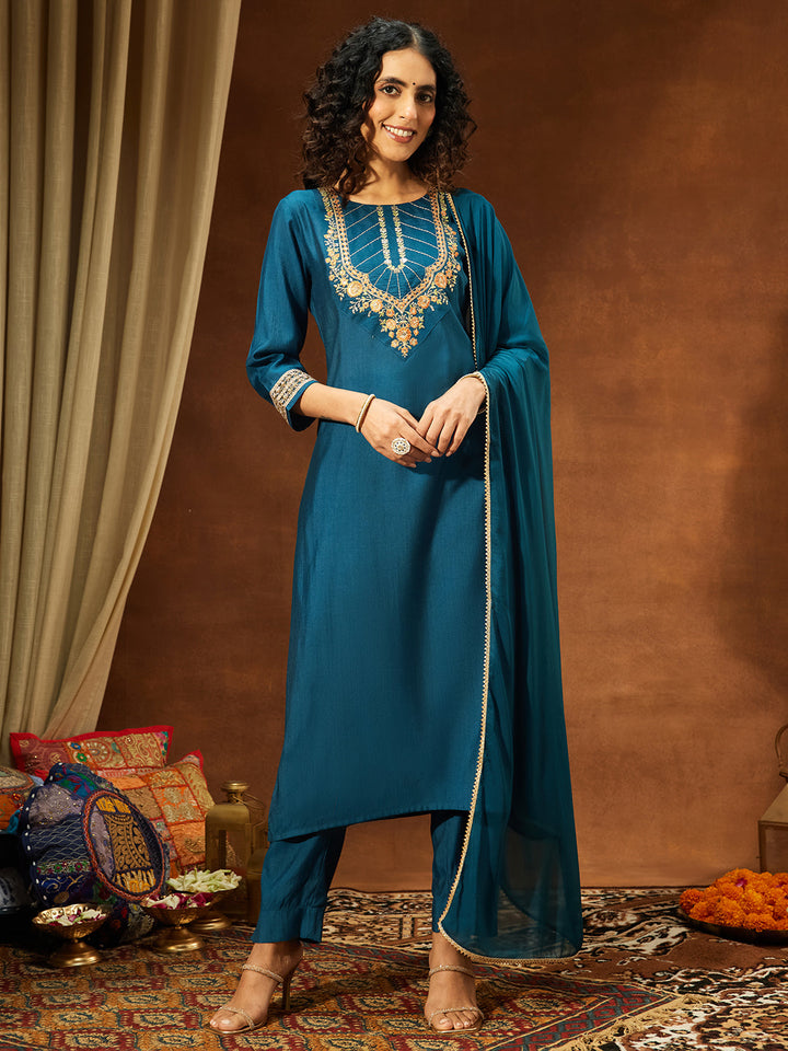 Janasya Women's Teal Blue Silk Blend Yoke Embroidered Straight Kurta Set - qivii