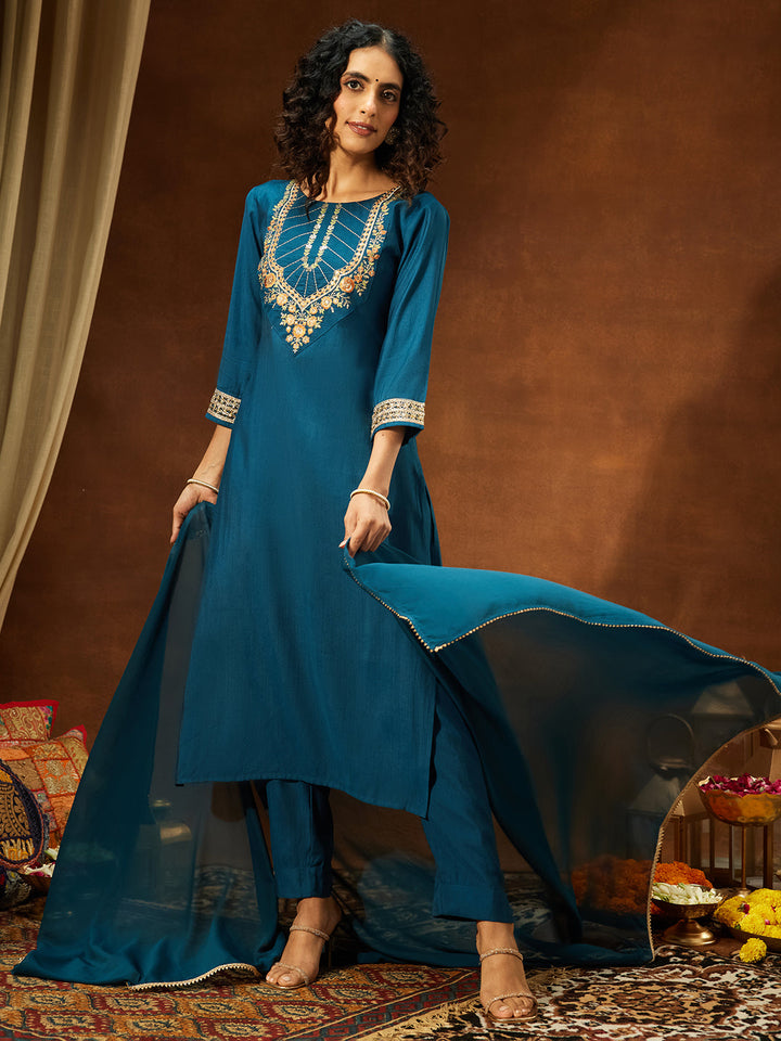 Janasya Women's Teal Blue Silk Blend Yoke Embroidered Straight Kurta Set - qivii