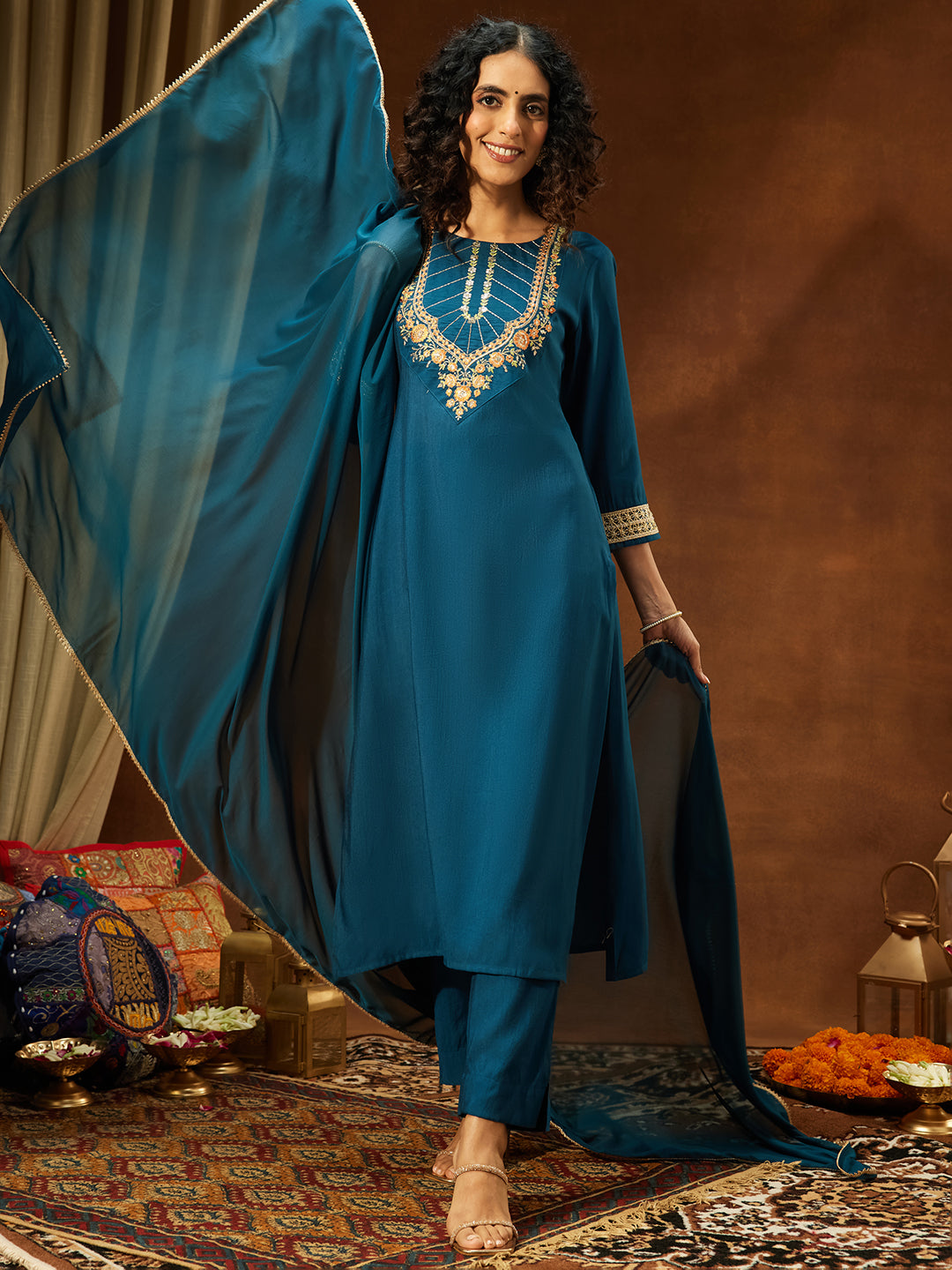Janasya Women's Teal Blue Silk Blend Yoke Embroidered Straight Kurta Set - qivii