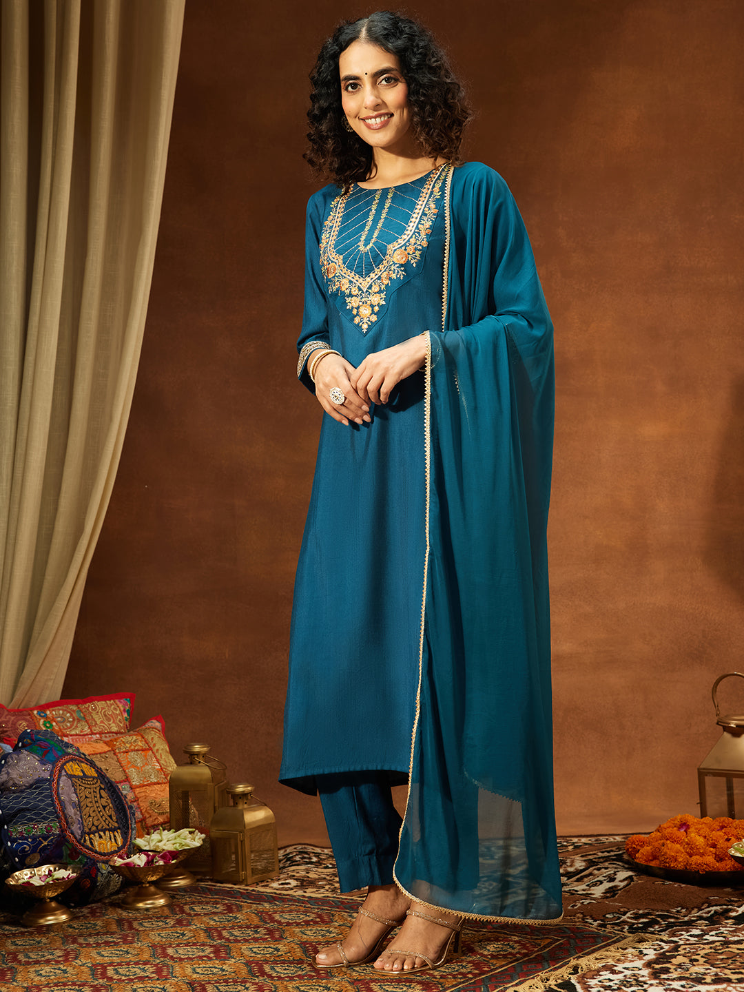 Janasya Women's Teal Blue Silk Blend Yoke Embroidered Straight Kurta Set - qivii