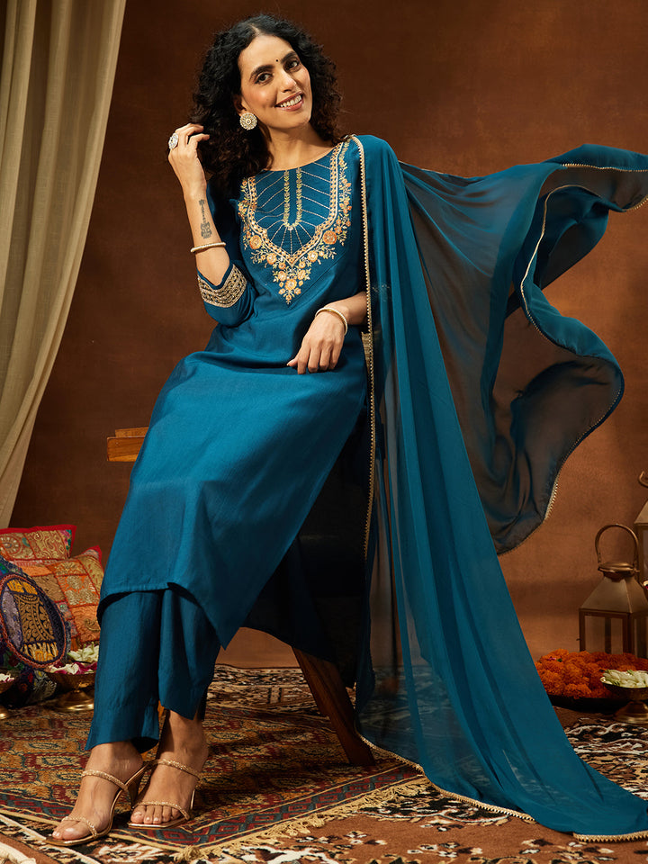 Janasya Women's Teal Blue Silk Blend Yoke Embroidered Straight Kurta Set - qivii