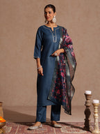 Janasya Women's Teal Blue Cotton Blend Yoke Design Straight Kurta Set With Printed Dupatta