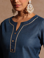 Janasya Women's Teal Blue Cotton Blend Yoke Design Straight Kurta Set With Printed Dupatta