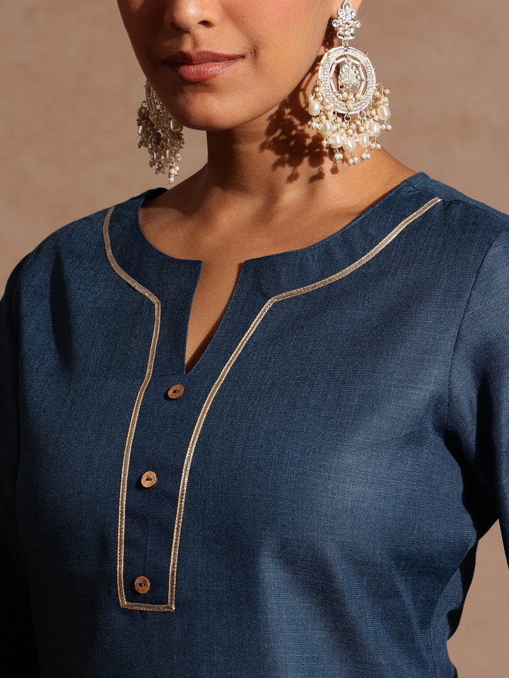 Janasya Women's Teal Blue Cotton Blend Yoke Design Straight Kurta Set With Printed Dupatta - qivii