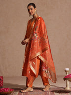 Janasya Women's Orange Cotton Blend Yoke Design Straight Kurta Set With Printed Dupatta