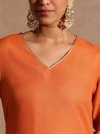 Janasya Women's Orange Cotton Blend Yoke Design Straight Kurta Set With Printed Dupatta