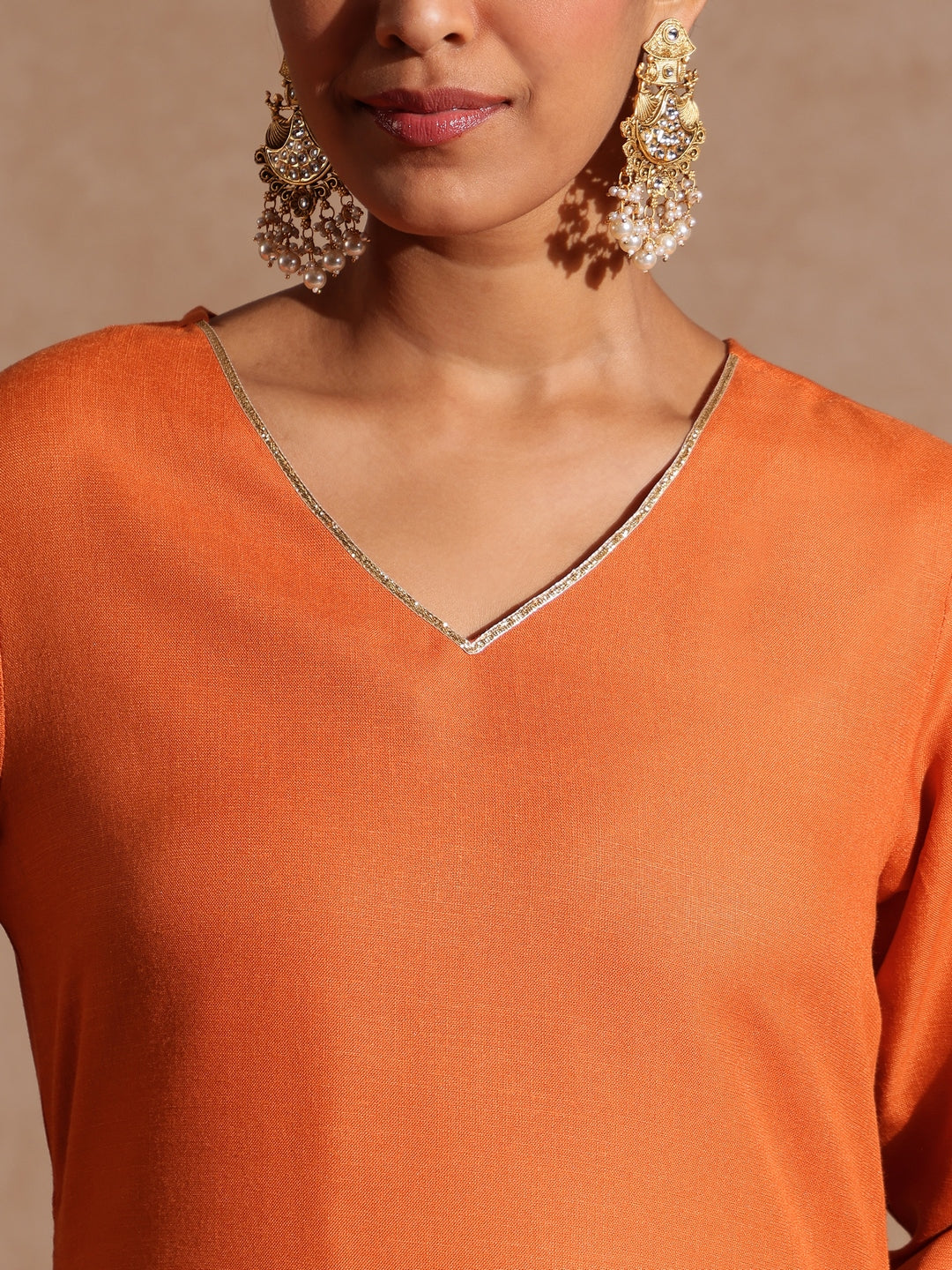 Janasya Women's Orange Cotton Blend Yoke Design Straight Kurta Set With Printed Dupatta