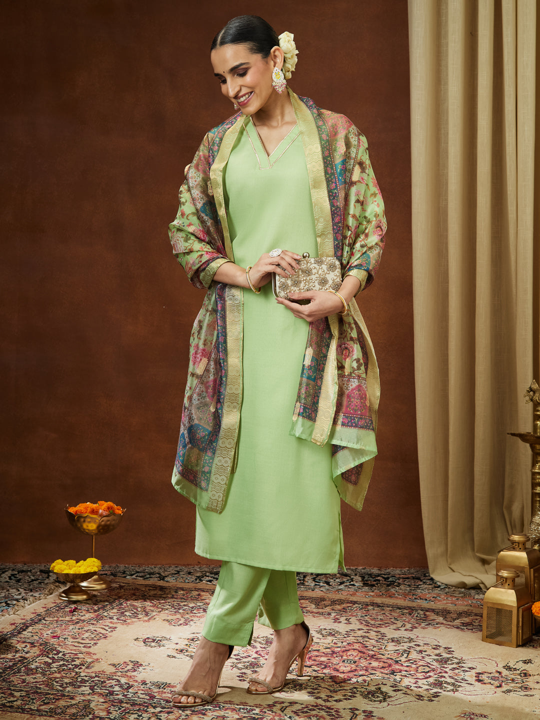 Janasya Women's Mint Green Cotton Blend Yoke Design Straight Kurta Set With Printed Jacquard Dupatta - qivii