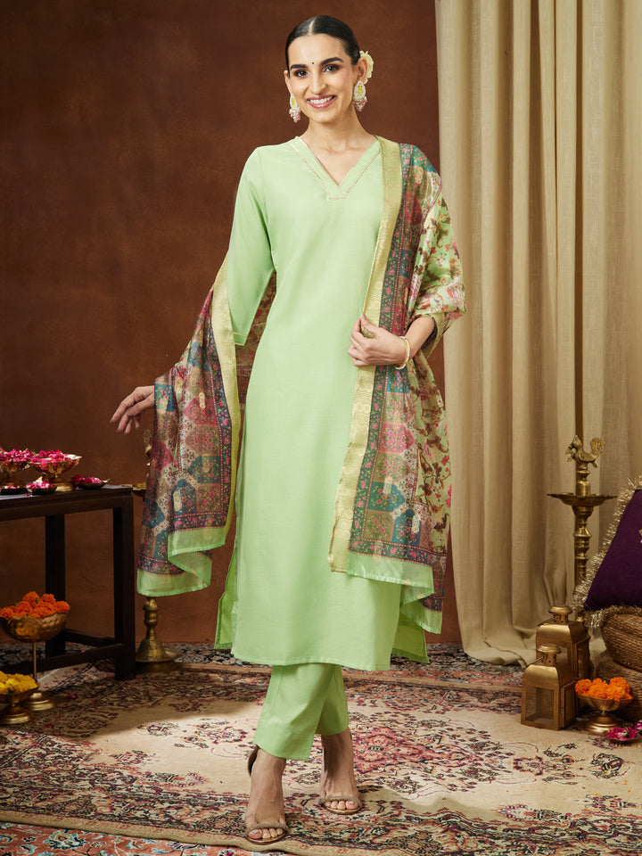 Janasya Women's Mint Green Cotton Blend Yoke Design Straight Kurta Set With Printed Jacquard Dupatta - qivii