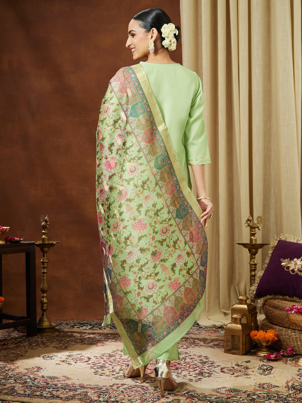 Janasya Women's Mint Green Cotton Blend Yoke Design Straight Kurta Set With Printed Jacquard Dupatta