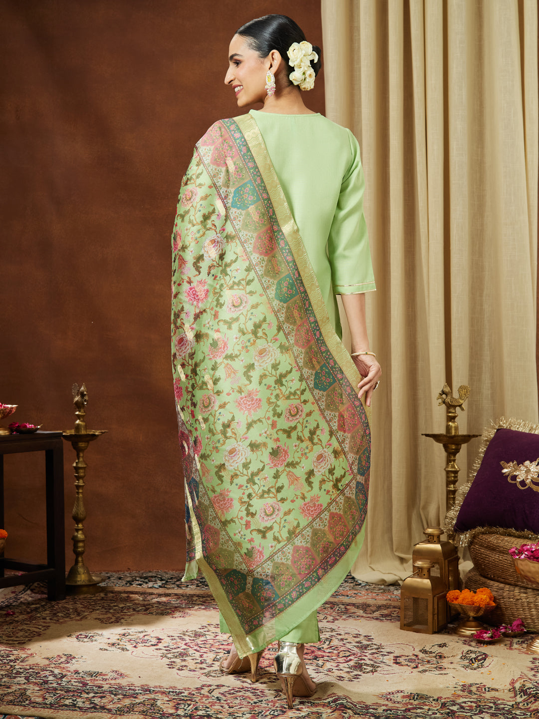 Janasya Women's Mint Green Cotton Blend Yoke Design Straight Kurta Set With Printed Jacquard Dupatta