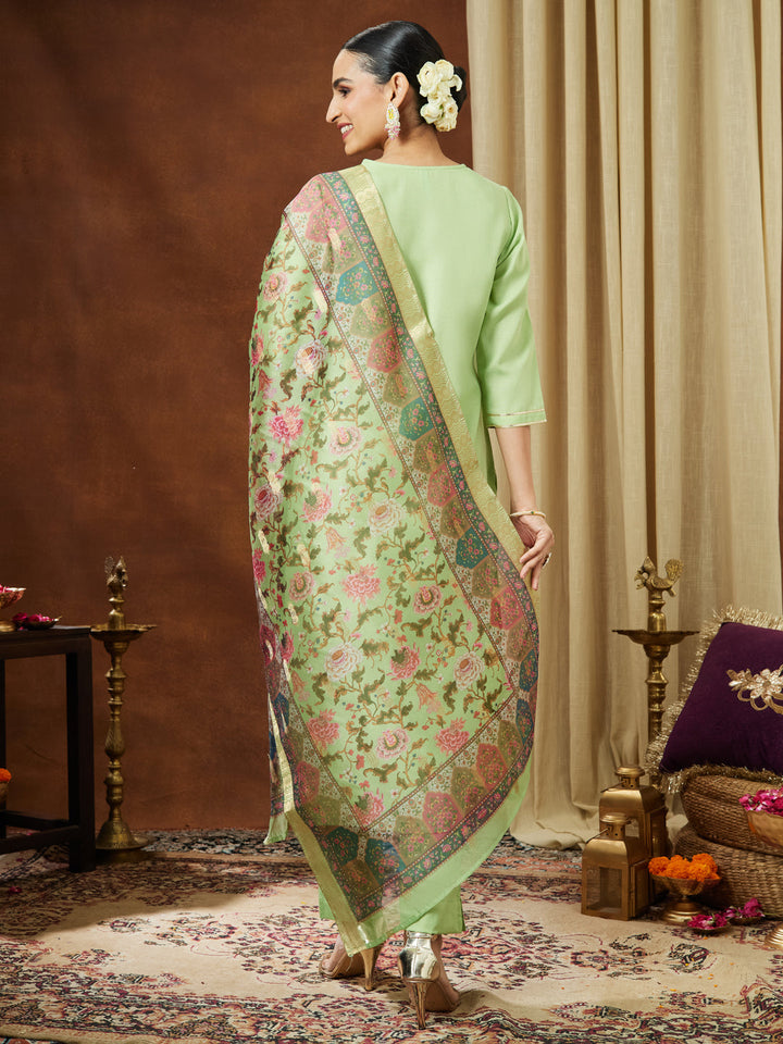 Janasya Women's Mint Green Cotton Blend Yoke Design Straight Kurta Set With Printed Jacquard Dupatta - qivii